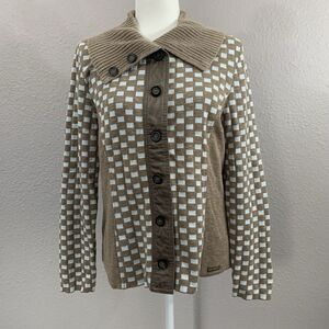 Blue Willi's Women's Beige Blue Linen Blend Sweater Knit Button Jacket Large VTG